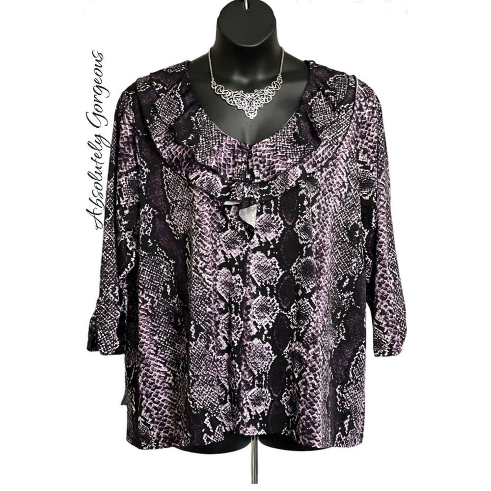 NWOT KIM ROGERS 3X Stretch Material Purple Print Long Sleeve Ruffle Neck Tunic T